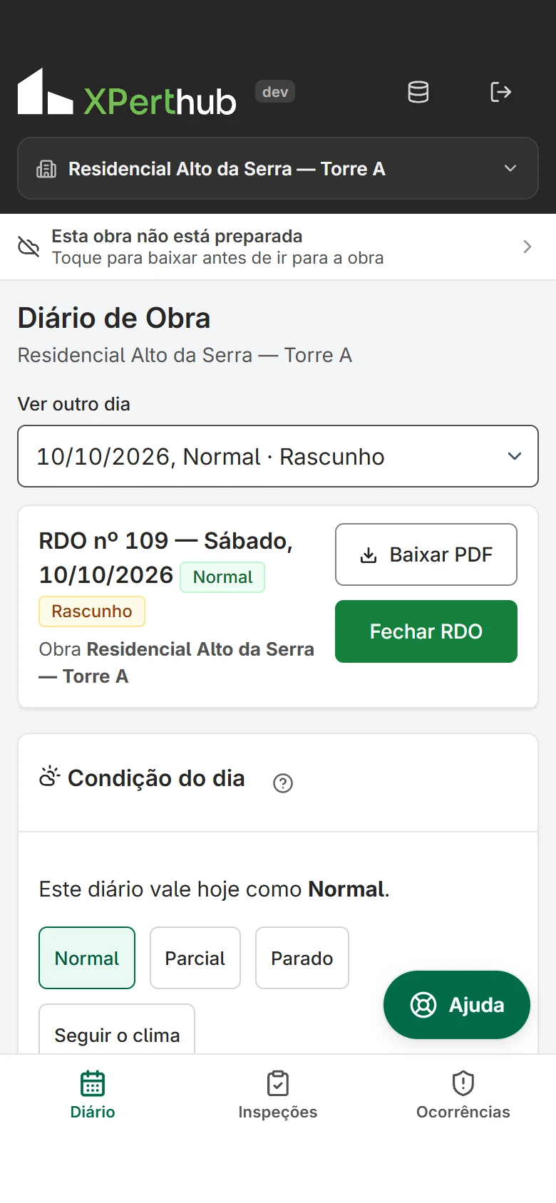 Tela real do aplicativo XPerthub Campo em um dispositivo móvel